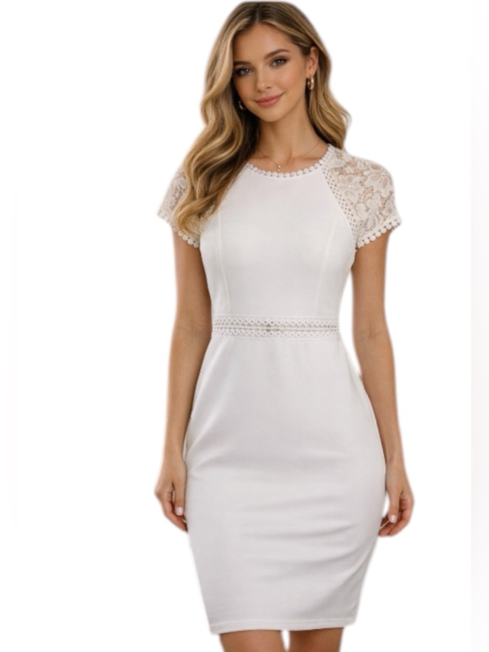 Premiere Amour White Lace Dress Women Size S Sheath Knee Length Elegant